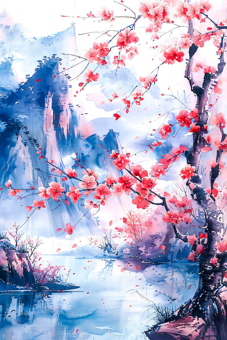 Premium Textil-Leinwand Kirschblüte in Aquarellfarbe. China Landschaft