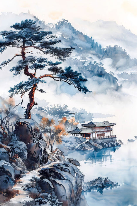 Premium Textil-Leinwand Alte Pinie am Pfad zum Fluss. Chinesische Landschaft Aquarell.