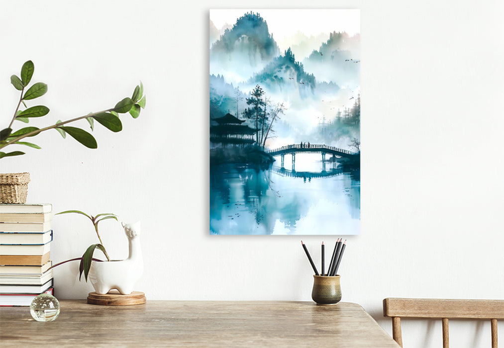 Premium Textil-Leinwand Chinesische Landschaft bei Morgennebel am Fluss. Brücke Aquarellmalerei.
