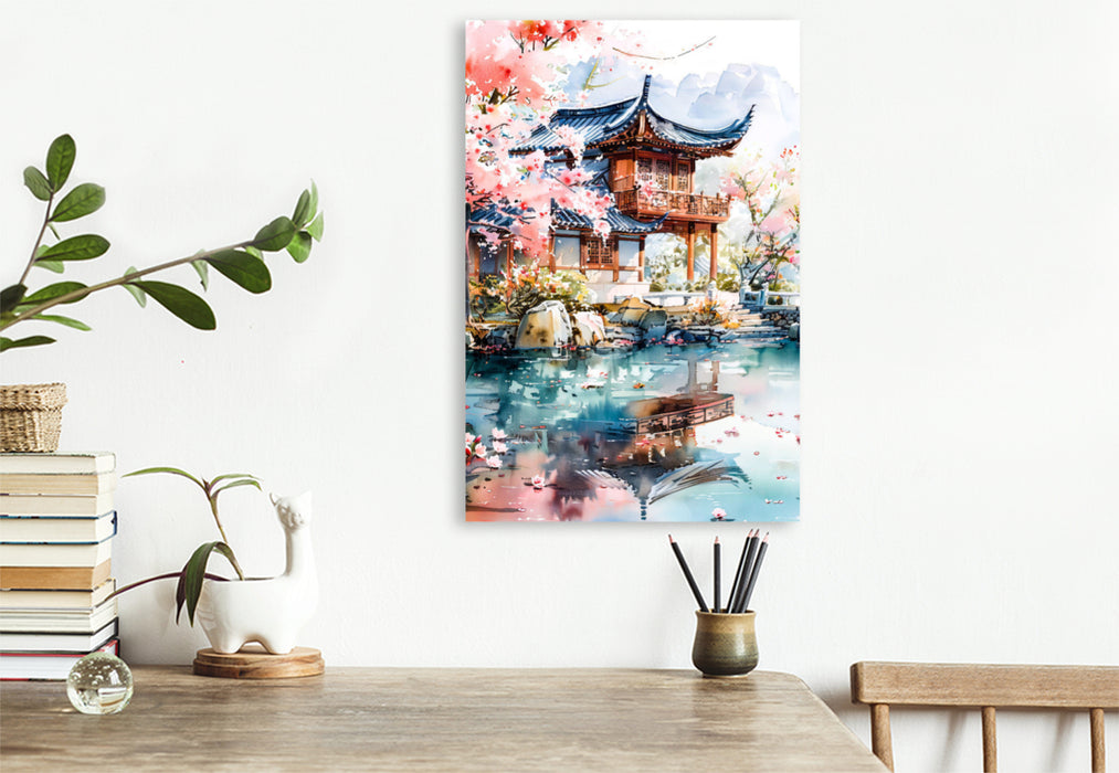 Premium Textil-Leinwand Tempelanlage zur Kirschblüte in China. Aquarellmalerei