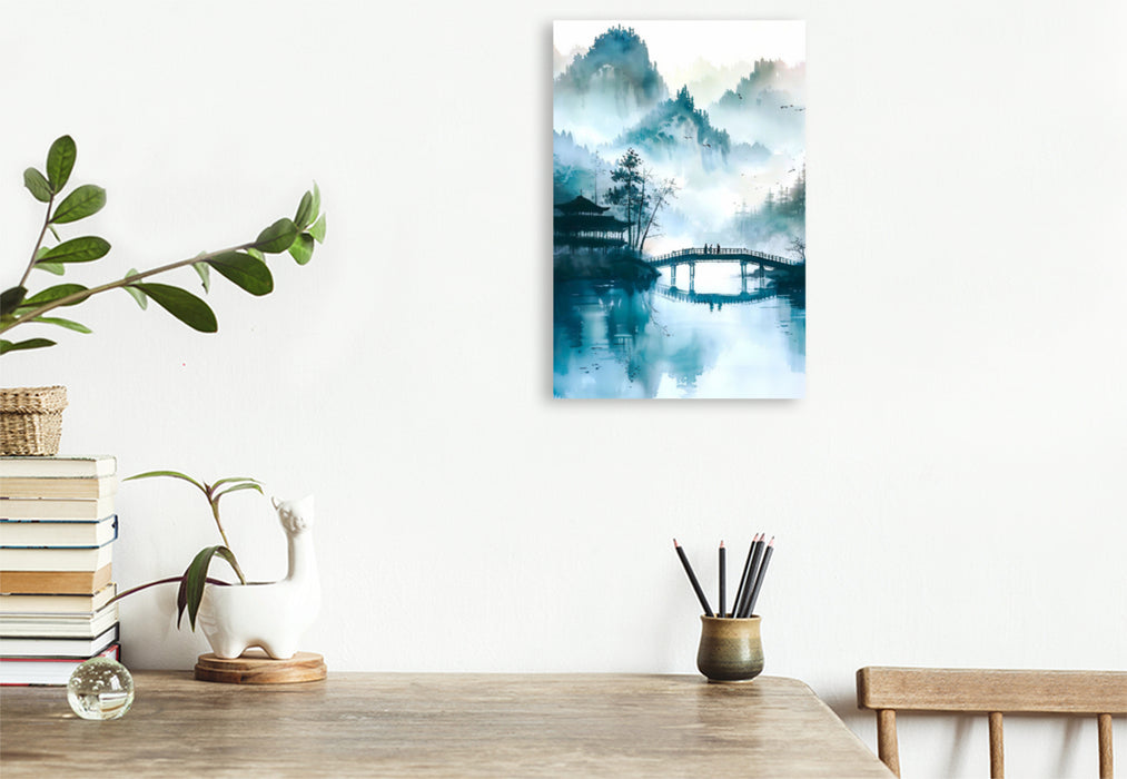 Premium Textil-Leinwand Chinesische Landschaft bei Morgennebel am Fluss. Brücke Aquarellmalerei.