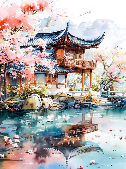 Tempelanlage zur Kirschblüte in China. Aquarellmalerei - CALVENDO Foto-Puzzle'
