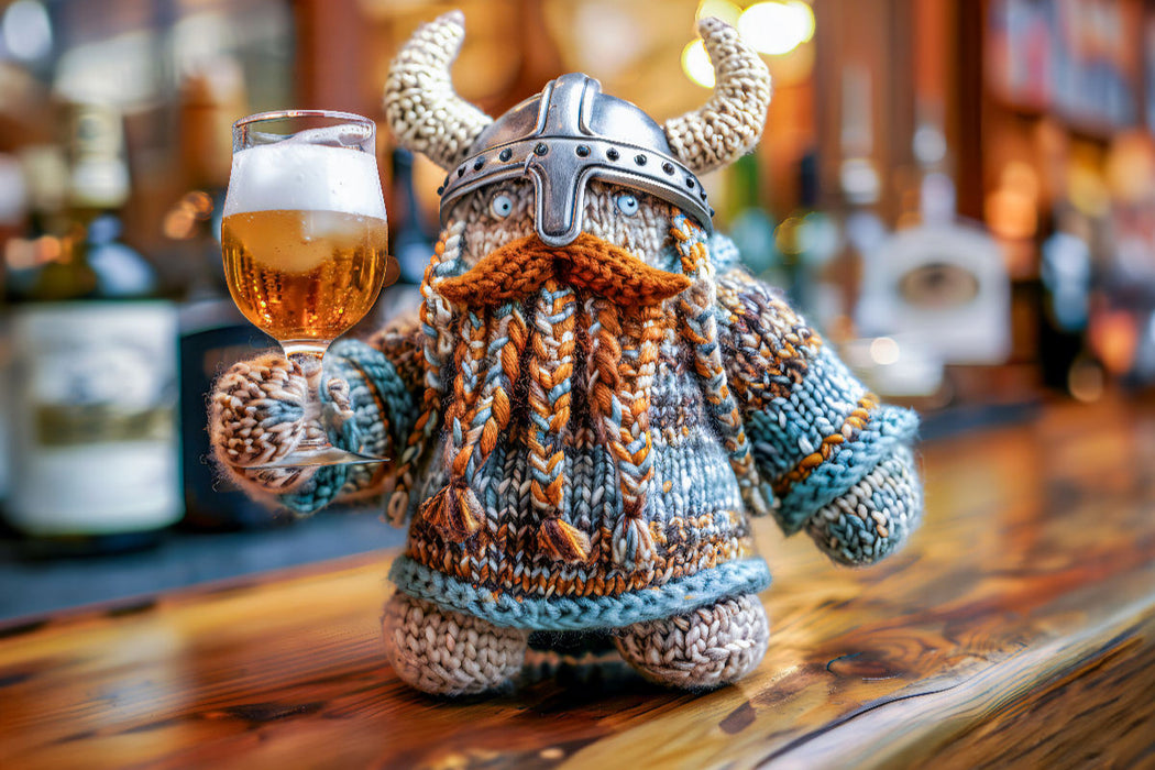 Premium Textil-Leinwand Wikinger Einherjer mit einem Glas Bier. Gehäkelt.
