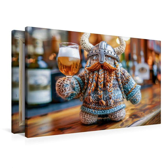 Premium Textil-Leinwand Wikinger Einherjer mit einem Glas Bier. Gehäkelt.