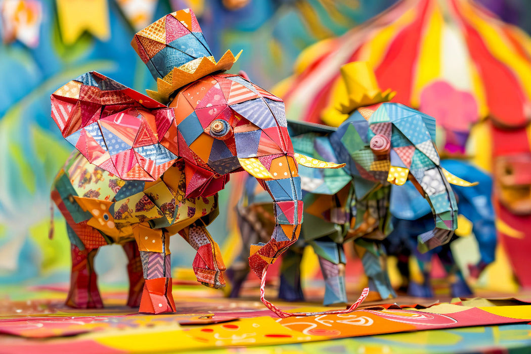 Premium Textil-Leinwand Elefanten aus Papier. Origami-Zirkus.