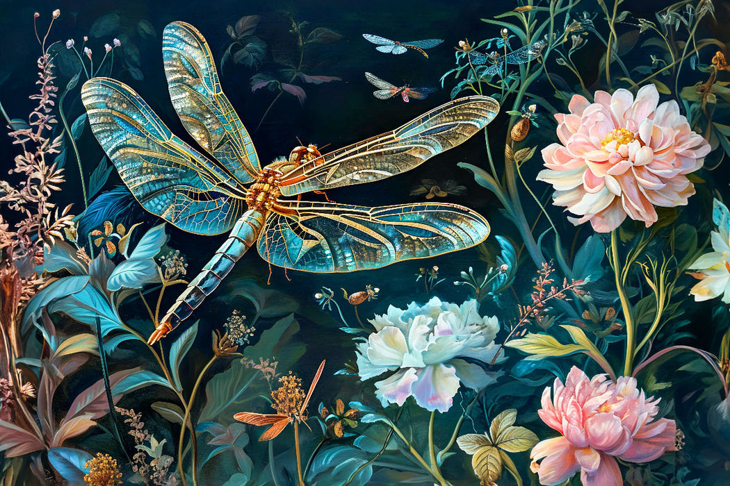 Premium Textil-Leinwand Libellenkunst am Blumenbeet