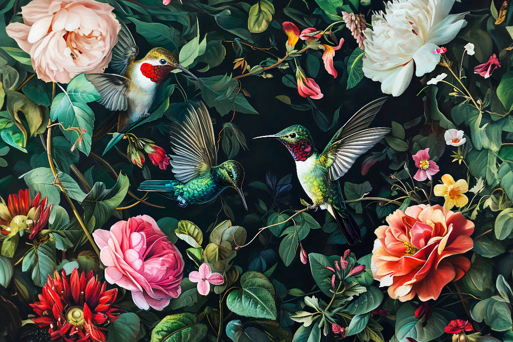 Premium Textil-Leinwand Kolibris fliegen über dem Rosenbusch