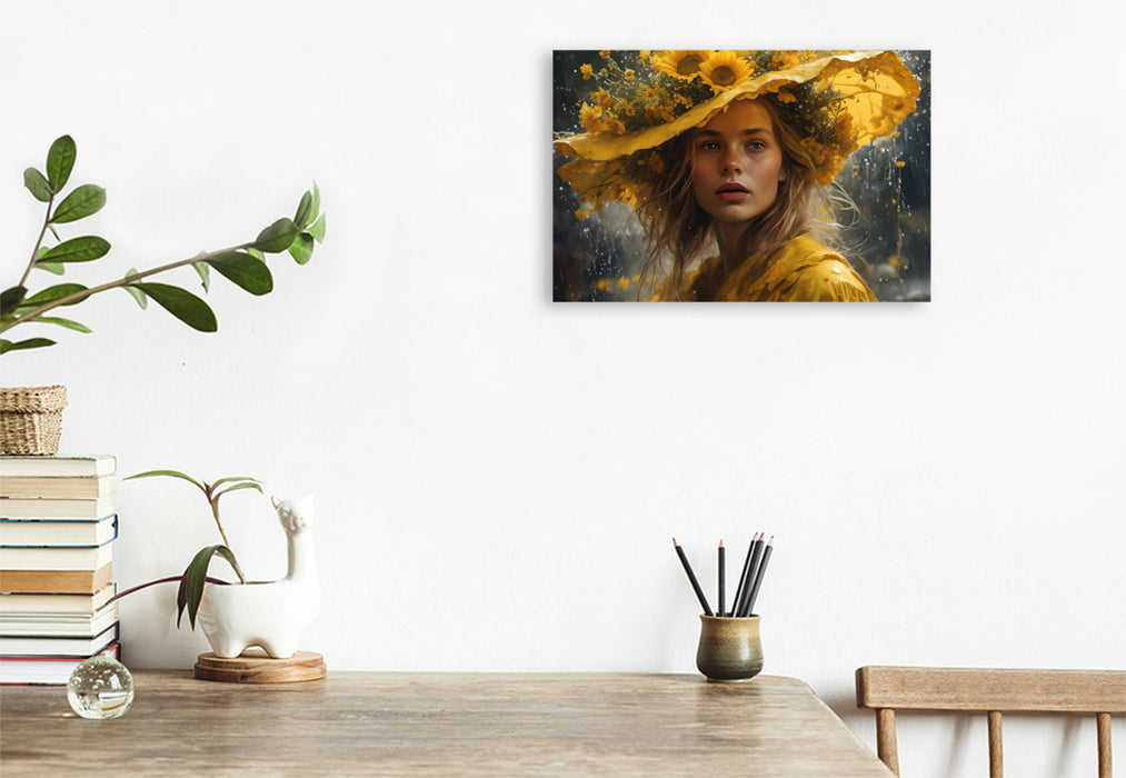 Premium Textil-Leinwand Frau mit Sonnenblumen am Hut