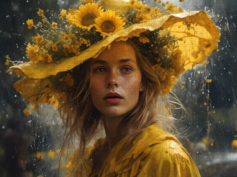 Frau mit Sonnenblumen am Hut - CALVENDO Foto-Puzzle'