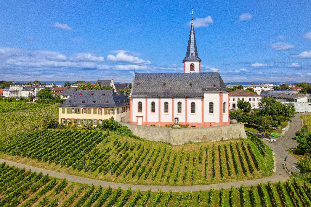 Premium Textil-Leinwand Die Pfarrkirche St. Peter und Paul, Wahrzeichen der Stadt Hochheim, einzige hessische spätbarocke Fresko-Kirche