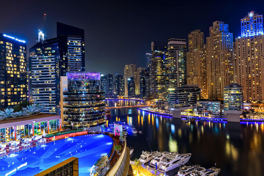 Premium Textil-Leinwand Dubai Marina mit Blick auf die Skyline und den Hafen - Dubai