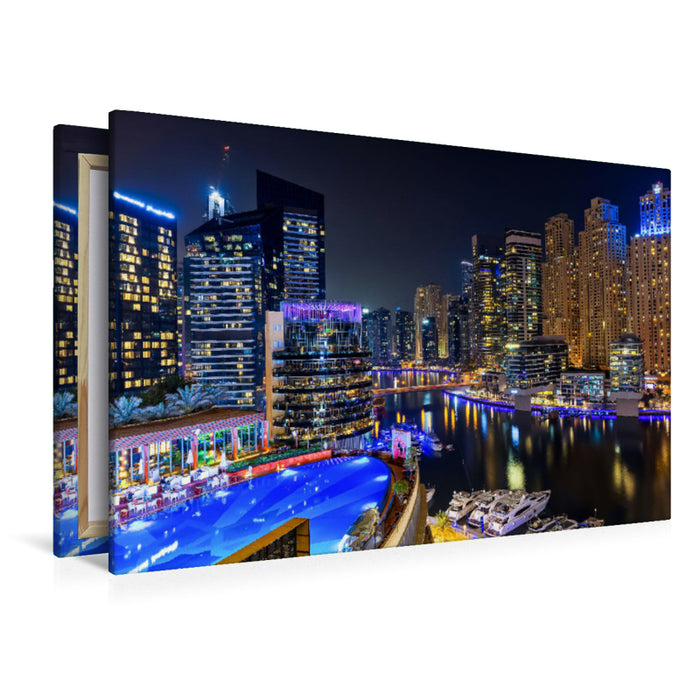 Premium Textil-Leinwand Dubai Marina mit Blick auf die Skyline und den Hafen - Dubai