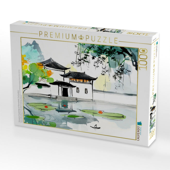 Chinesische Tempelanlage am Seerosenteich. Tuschemalerei - CALVENDO Foto-Puzzle'