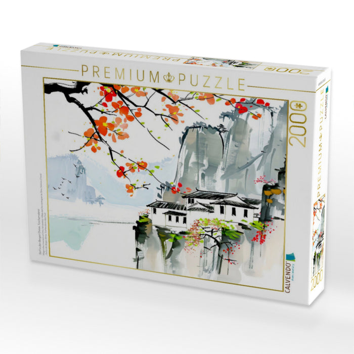 Dorf in den Bergen Chinas. Tuschemalerei - CALVENDO Foto-Puzzle'