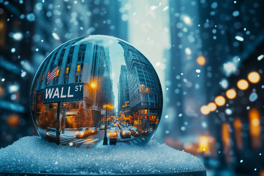 Premium Textil-Leinwand Wall Street in der Schneekugel – Finanzwelt im winterlichen Glanz