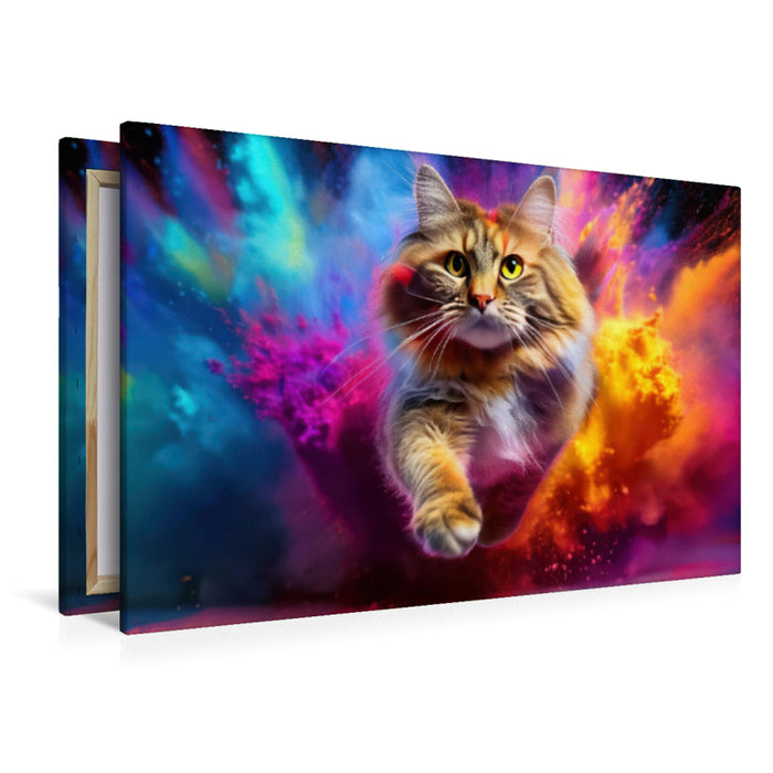 Premium Textil-Leinwand Eine rote Katze rennt durch Holi Pulver