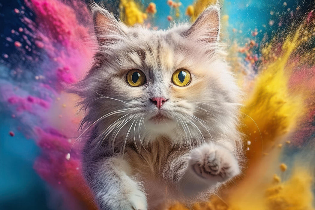 Premium Textil-Leinwand Eine helle Katze mit großen Augen inmitten bunten Holi Pulber Farbwolken