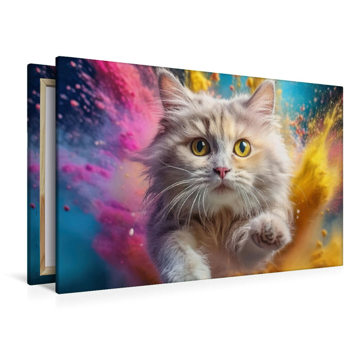 Premium Textil-Leinwand Eine helle Katze mit großen Augen inmitten bunten Holi Pulber Farbwolken