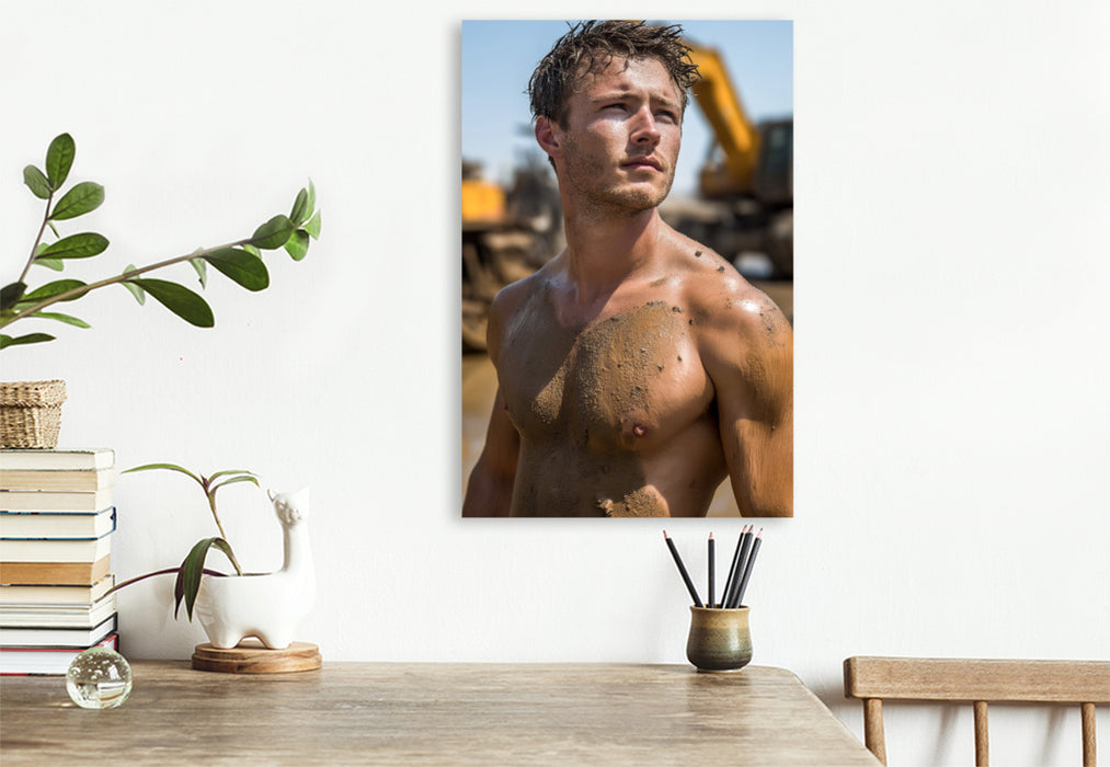 Premium Textil-Leinwand Attraktiver Bauarbeiter auf der Baustelle – Wandbild