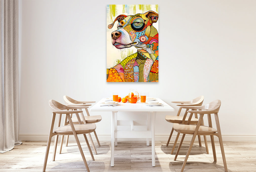 Premium Textil-Leinwand Blumenfellnase mit buntem Pop-Art Hundegesicht