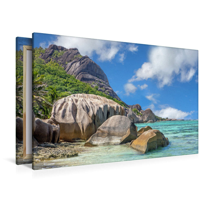 Premium Textil-Leinwand Traumstrand Anse Source d&#39;Argent auf La Digue