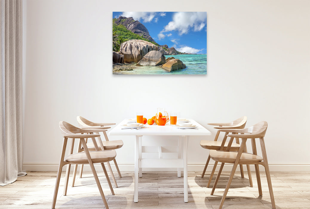 Premium Textil-Leinwand Traumstrand Anse Source d&#39;Argent auf La Digue