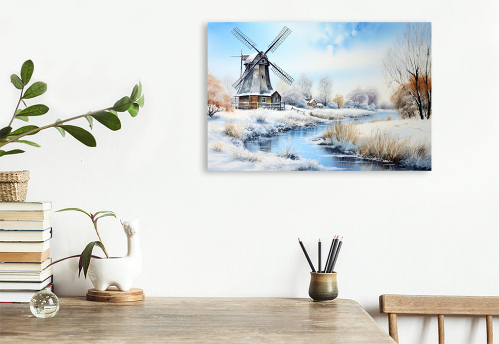 Premium Textil-Leinwand Winterliche Landschaft mit Windmühle