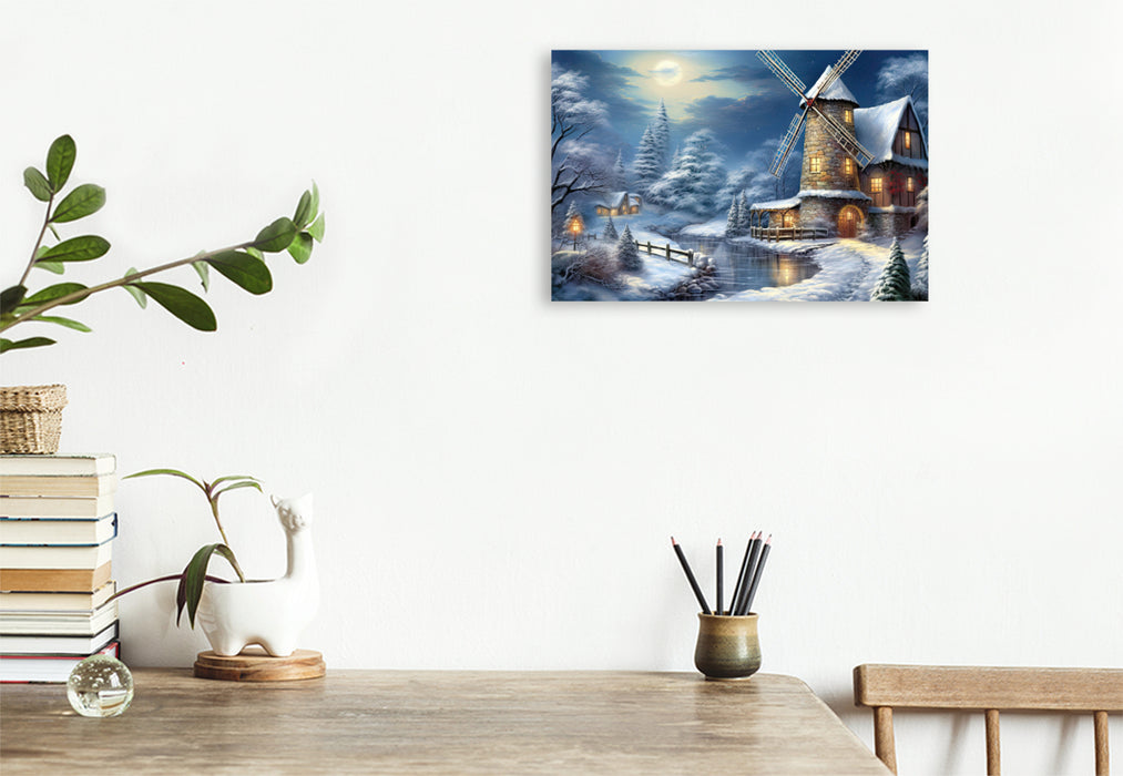 Premium Textil-Leinwand Winterlandschaft mit Windmühle