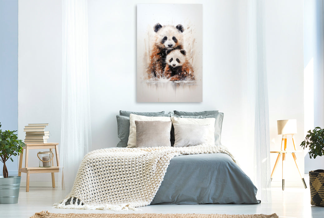 Premium Textil-Leinwand Knuddelige Pandarfamilie in Acrylfarbe