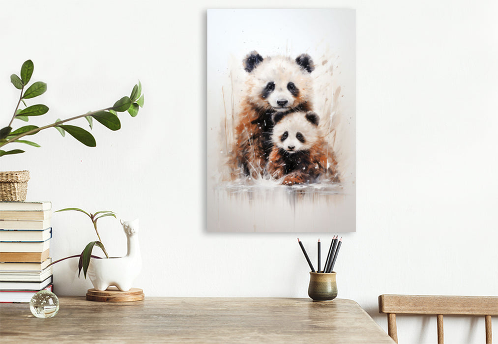 Premium Textil-Leinwand Knuddelige Pandarfamilie in Acrylfarbe