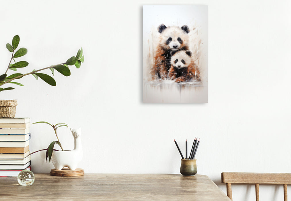 Premium Textil-Leinwand Knuddelige Pandarfamilie in Acrylfarbe