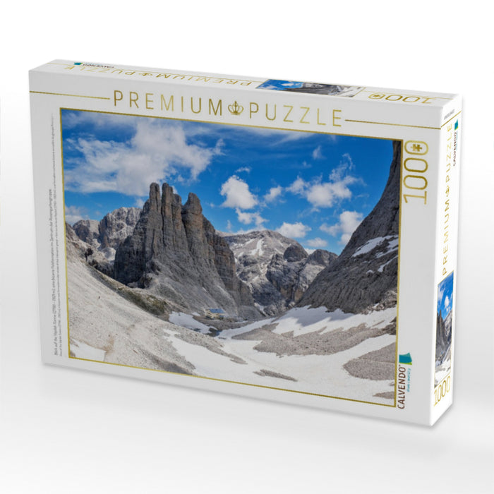 Blick auf die Vajolet-Türme (2790 - 2821 m), eine bizarre Felsformation im Zentrum der Rosengartengruppe. - CALVENDO Foto-Puzzle'