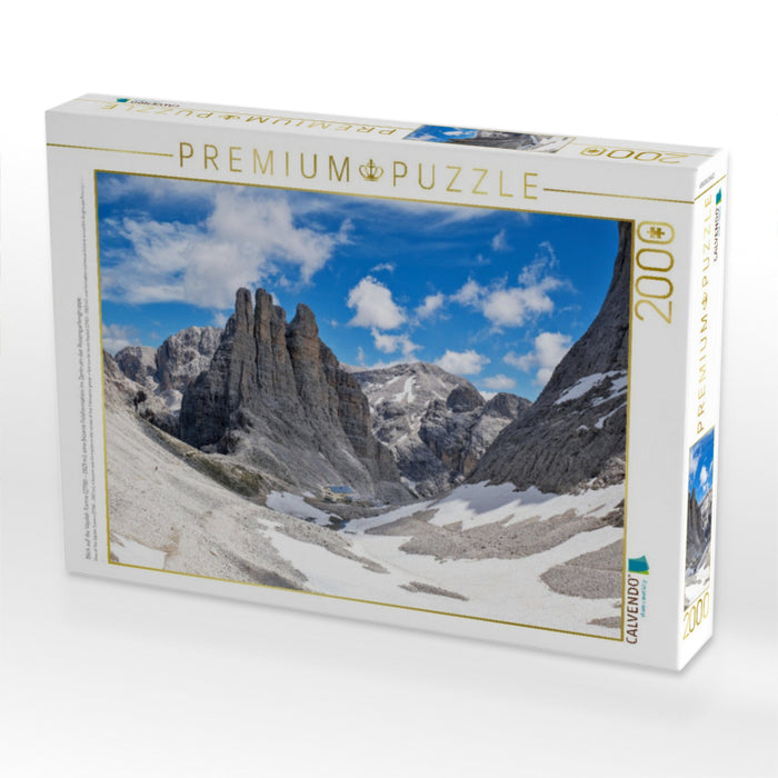 Blick auf die Vajolet-Türme (2790 - 2821 m), eine bizarre Felsformation im Zentrum der Rosengartengruppe. - CALVENDO Foto-Puzzle'