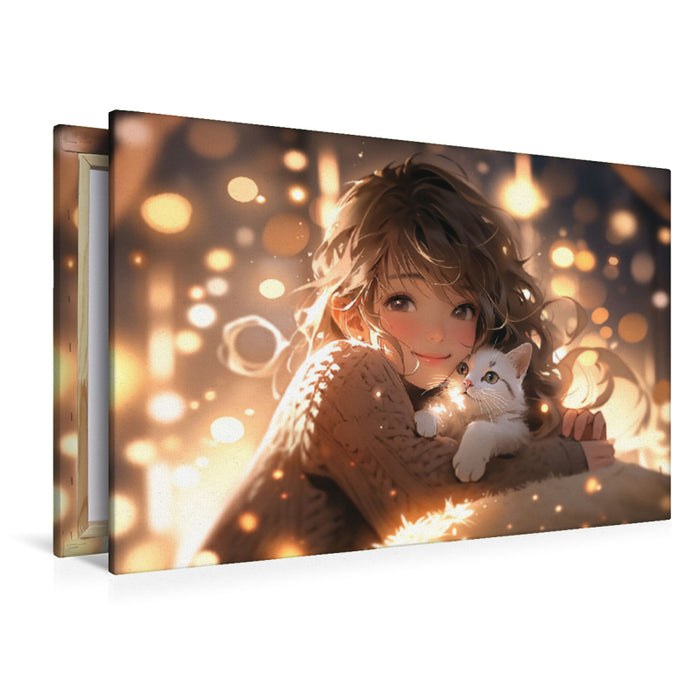 Premium Textil-Leinwand Manga Illustration - Mädchen kuschelt mit Katze
