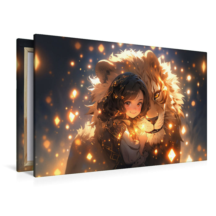 Premium Textil-Leinwand Manga Illustration - Mädchen mit Löwen