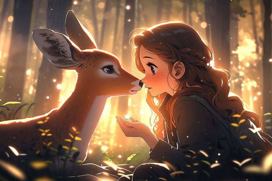 Premium Textil-Leinwand Manga Illustration - Mädchen mit Reh im Wald