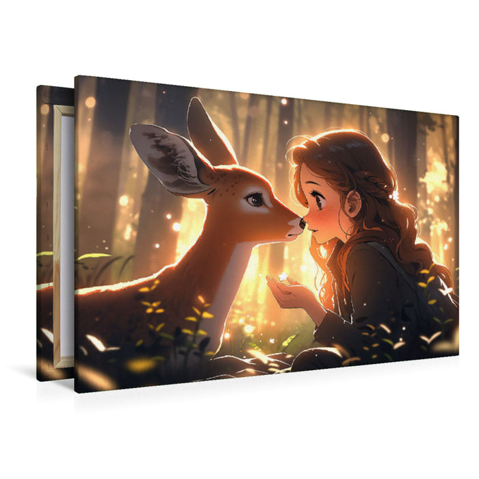 Premium Textil-Leinwand Manga Illustration - Mädchen mit Reh im Wald