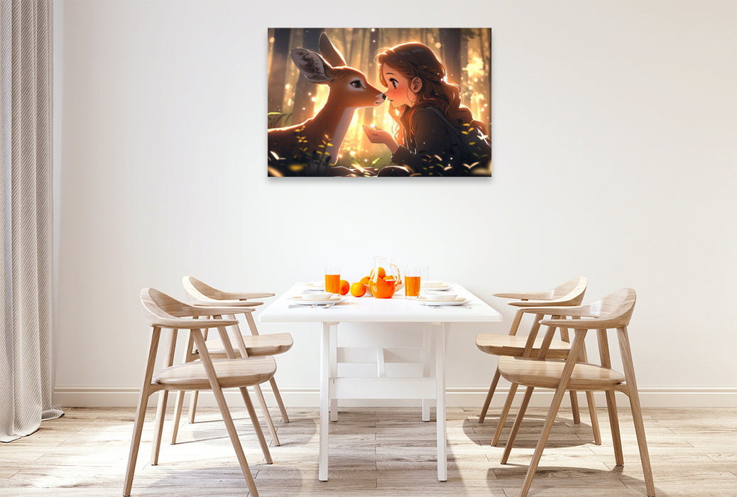 Premium Textil-Leinwand Manga Illustration - Mädchen mit Reh im Wald