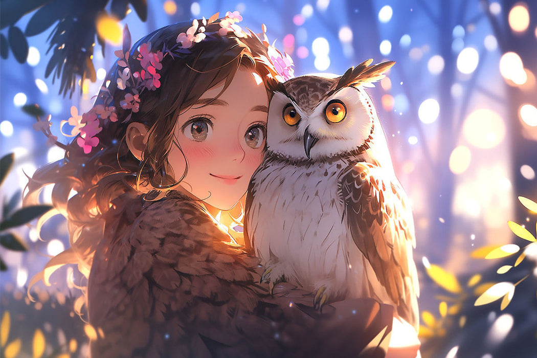Premium Textil-Leinwand Manga Illustration - Mädchen mit Eule Uhu