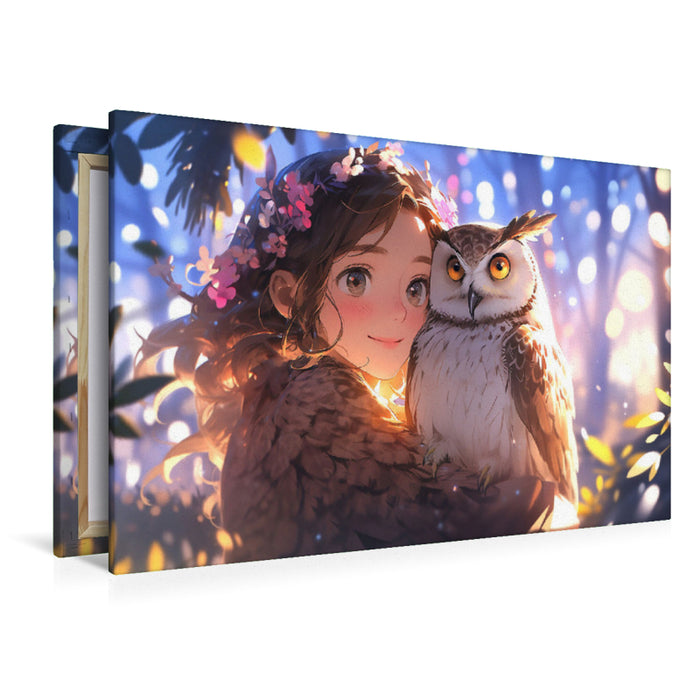 Premium Textil-Leinwand Manga Illustration - Mädchen mit Eule Uhu