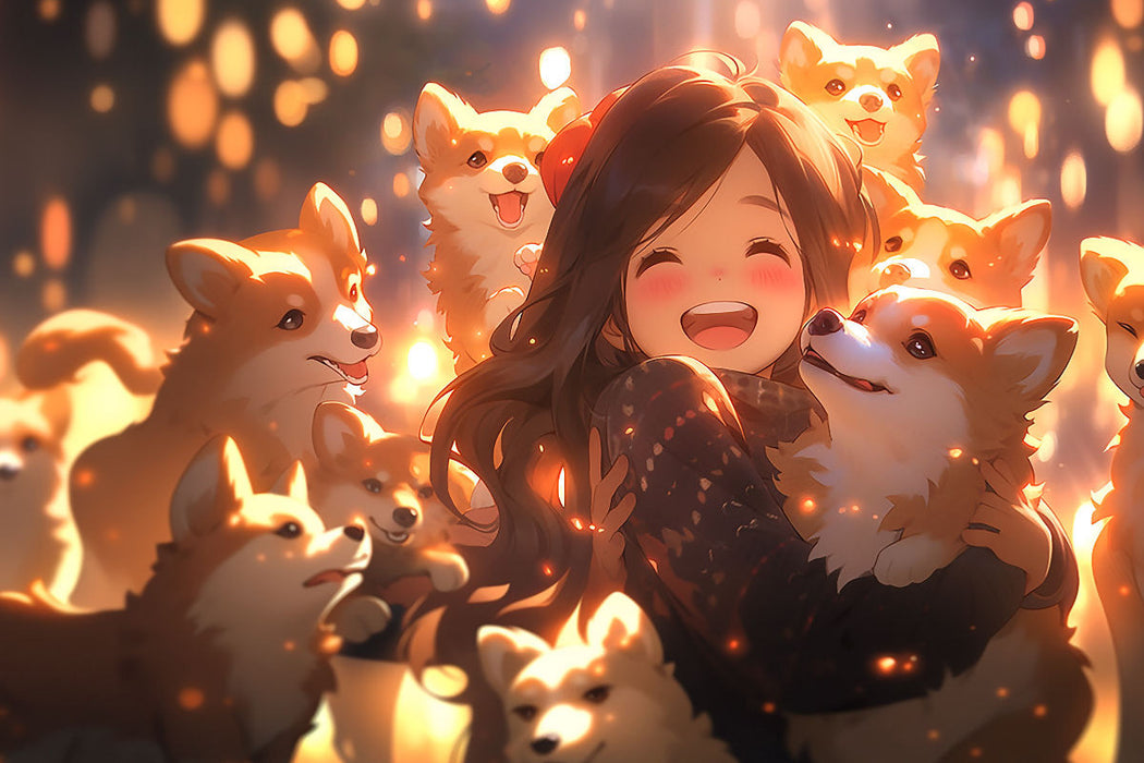 Premium Textil-Leinwand Manga Illustration - Mädchen mit Hunde Welpen