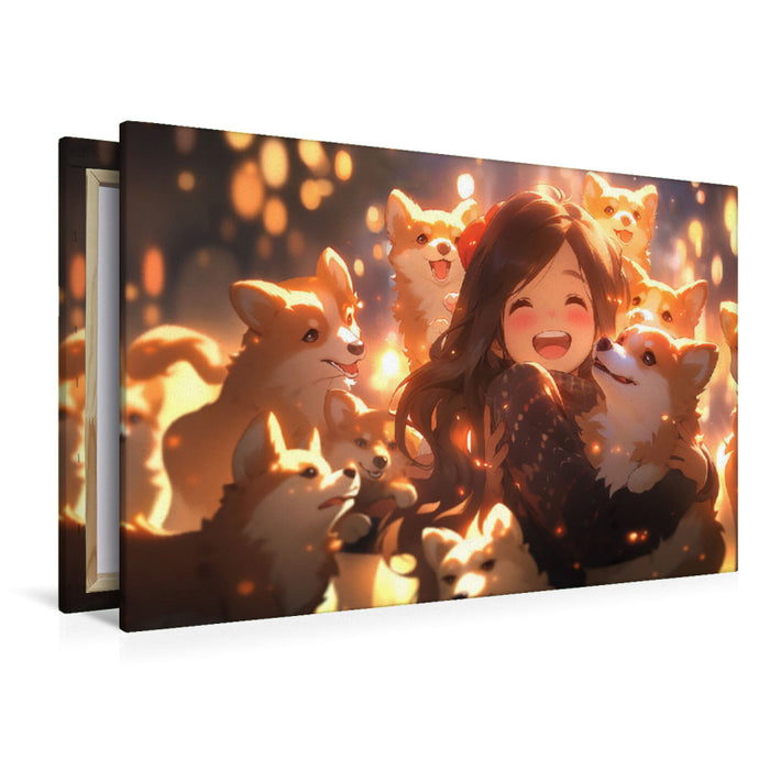 Premium Textil-Leinwand Manga Illustration - Mädchen mit Hunde Welpen