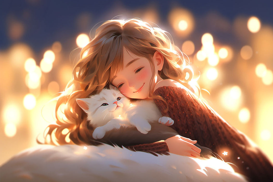Premium Textil-Leinwand Manga Illustration - Mädchen und Katze