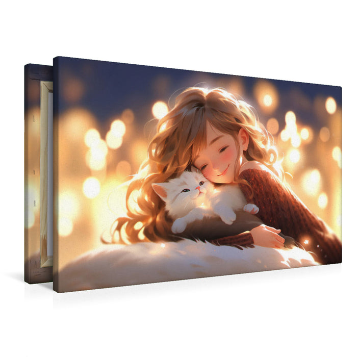 Premium Textil-Leinwand Manga Illustration - Mädchen und Katze