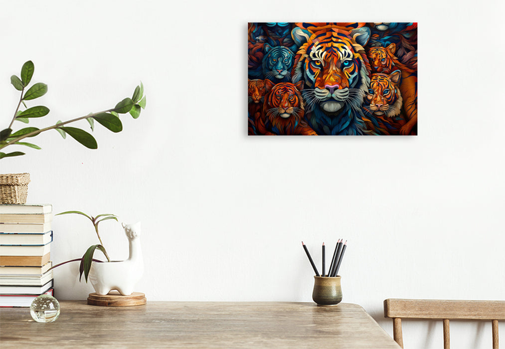 Premium Textil-Leinwand Tiger - Illustration vieler Köpfe auf einem Bild