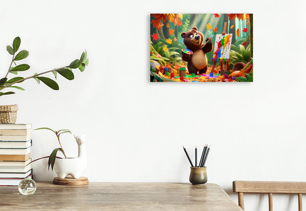 Premium Textil-Leinwand Herbstliche Malerei im Dschungel: Der künstlerische Braunbär