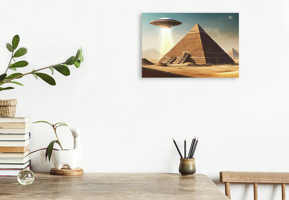 Premium Textil-Leinwand Ein UFO besucht die ägyptischen Pyramiden