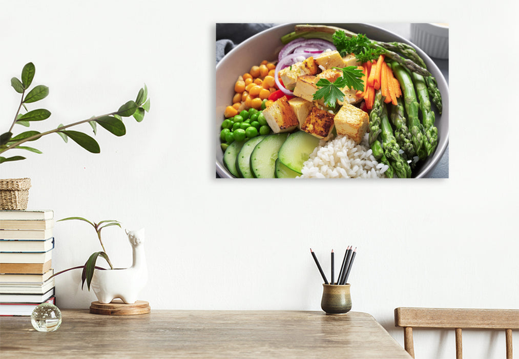 Premium Textil-Leinwand Vegane Bowl mit grünem Spargel, Tofu, Karotten, Gurken, Reis, Toppings, Dressing,