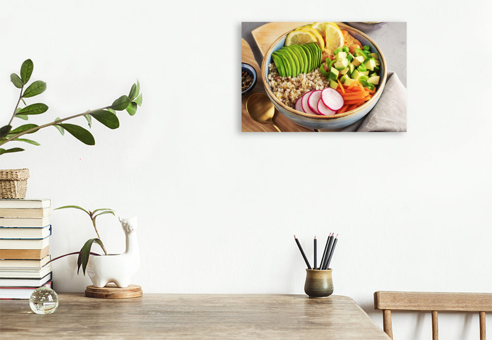 Premium Textil-Leinwand Vegane Bowl mit braunem Reis, Karotten, Radieschen, Tofu, Zitrone, Gurken, Soja Sauce