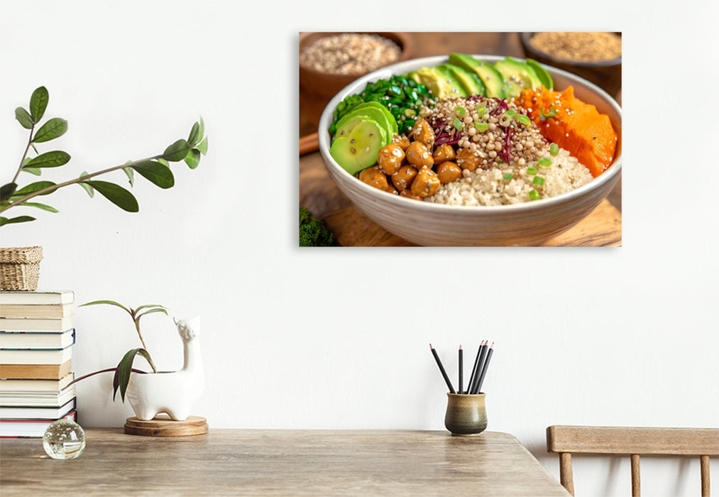 Premium Textil-Leinwand Vegane Bowl mit Reis, Avocado, Kichererbsenpüree, Toppings, Dressing